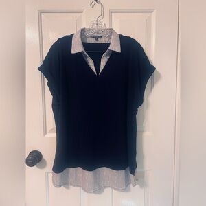 Adrianna Papell Navy Layered V-Neck Blouse Sz L